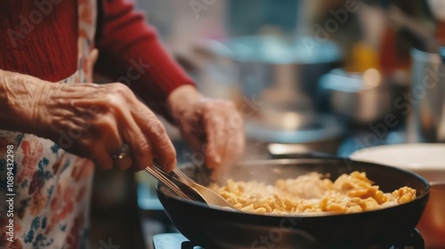 A close-up image showcasing intergenerational cooperation between students and senior citizens as they cook a meal together in a community kitchen, exchanging culinary wisdom and learning from one