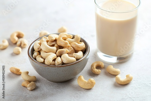 Bowl of cashews with glass of nut milk on table