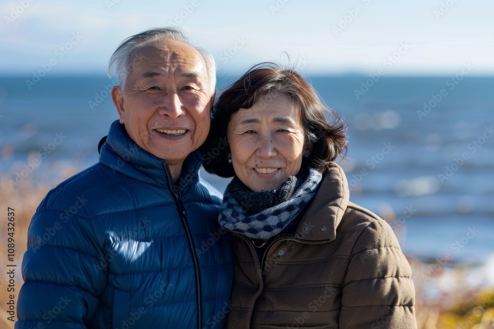 Portrait of a smiling asian couple in their 50s donning a durable down jacket isolated on serene seaside background Portrait of a smiling asian couple in their 50s donning a durable down jacket isolated on serene seaside background