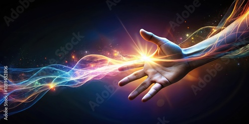 A luminous hand outstretched, radiating vibrant energy, captures the essence of pure power and boundless potential. photo