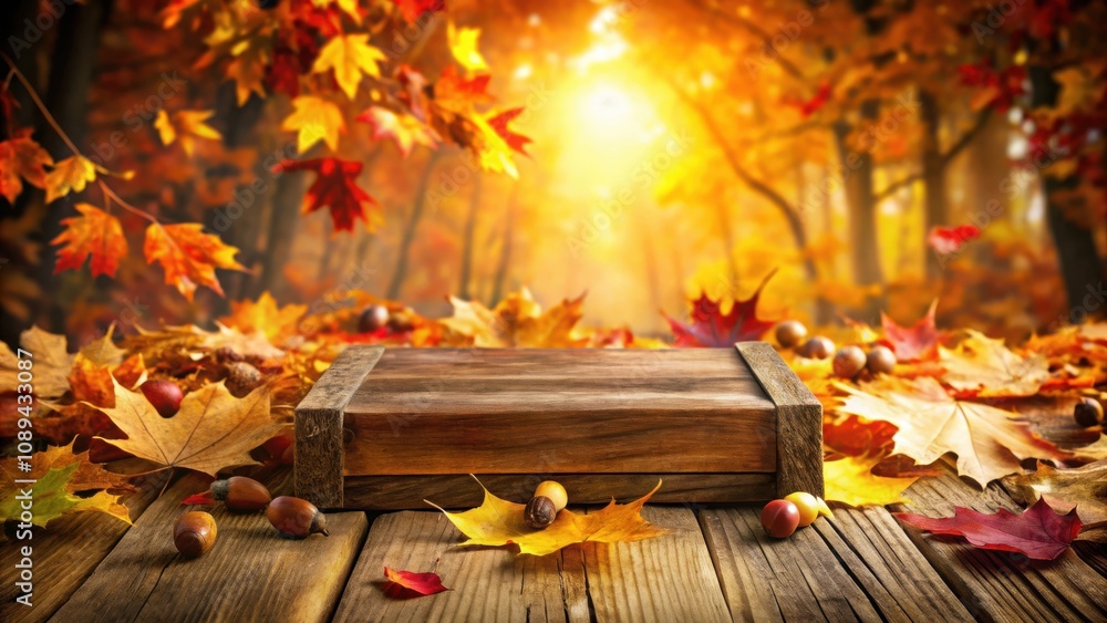 Autumnal Wooden Tabletop in a Forest of Golden Leaves with a Warm Sun Shining Through the Branches Autumnal Wooden Tabletop in a Forest of Golden Leaves with a Warm Sun Shining Through the Branches