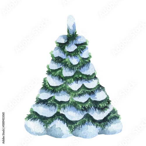 Winter snowy Christmas tree. Hand drawn watercolor illustration of spruce in snow isolated on white background clipart.