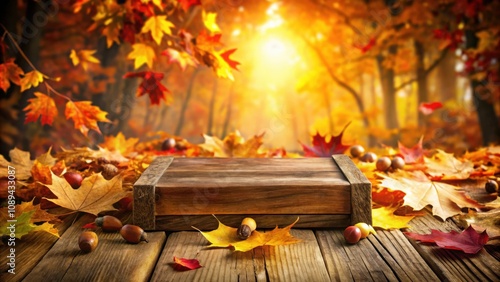 Autumnal Wooden Tabletop in a Forest of Golden Leaves with a Warm Sun Shining Through the Branches