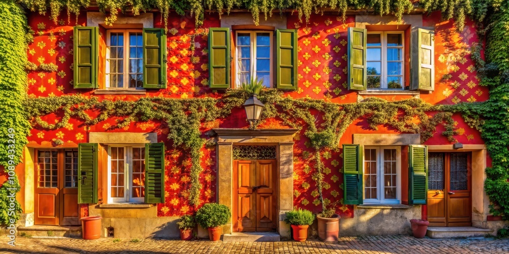 Fototapeta premium A Charming European Building with a Colorful Fa?ade Adorned with Vines, Green Shutters, and Ornate Doors