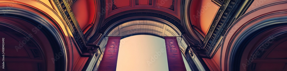 Obraz premium A decorative archway framed by two banners, one hanging above and one below, wide-angle view.