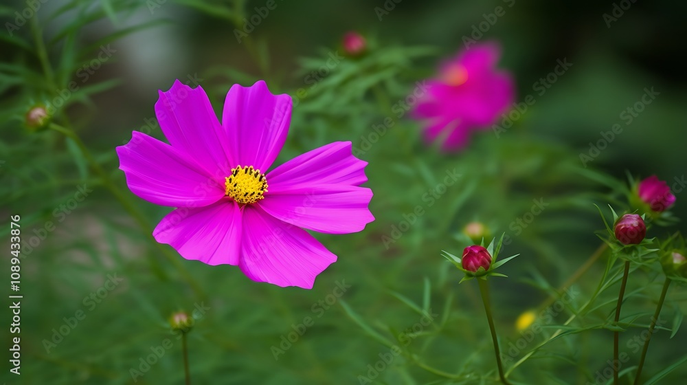 Vibrant Pink Cosmos Flower Blooms In Garden Setting Vibrant Pink Cosmos Flower Blooms In Garden Setting