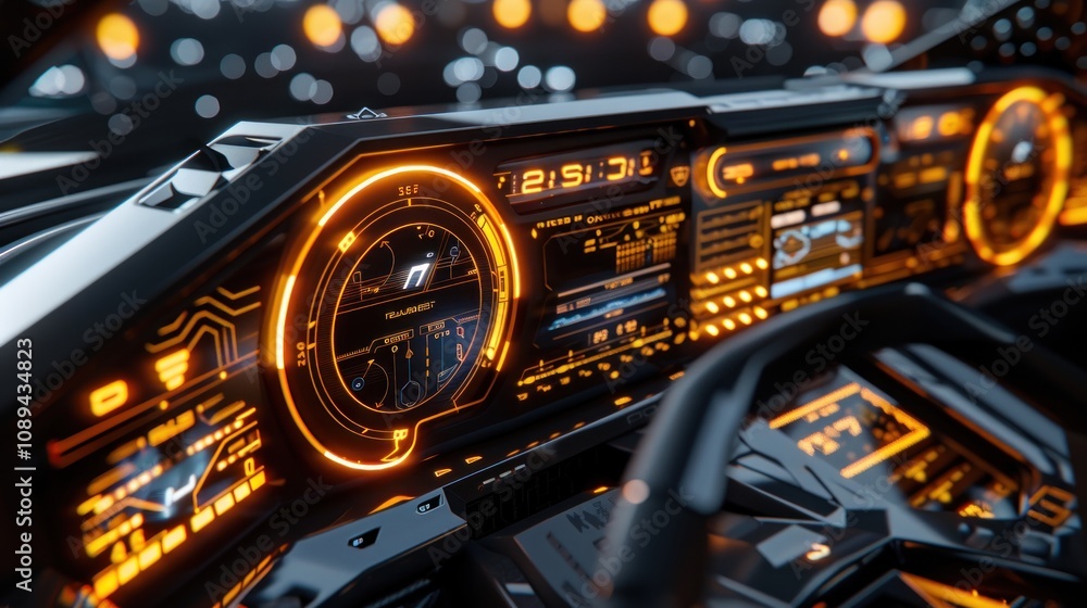 Fototapeta premium Futuristic vehicle dashboard with illuminated digital displays and controls.