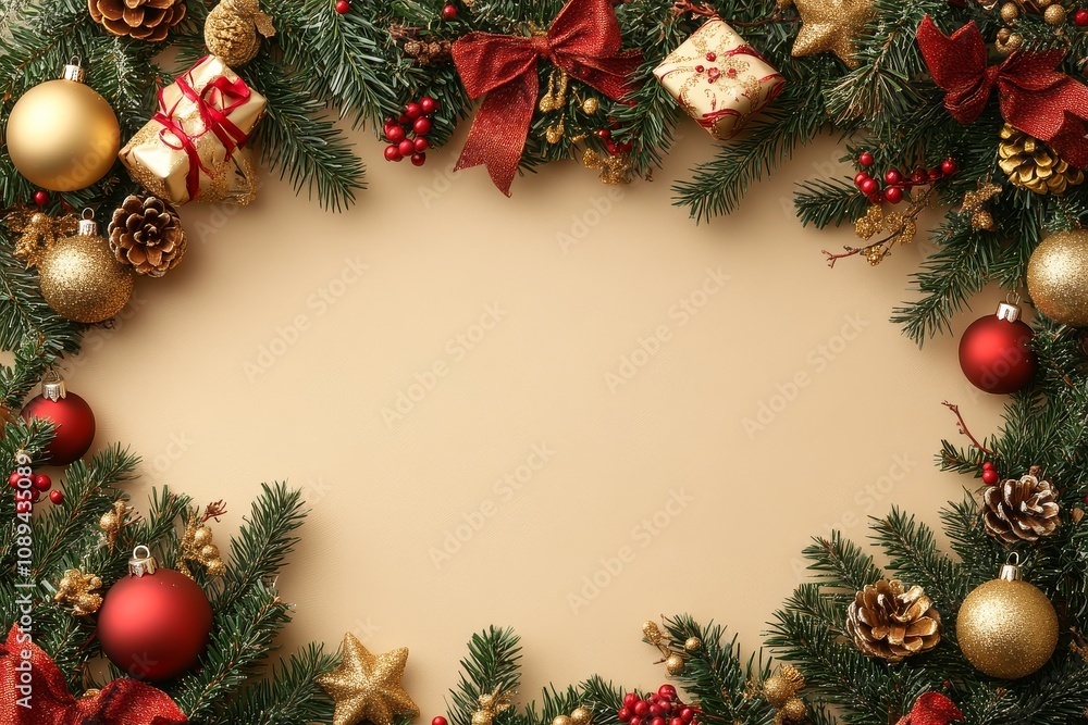 Christmas banner with golden and red decorations, gifts, and Christmas tree branches on beige background with space for text