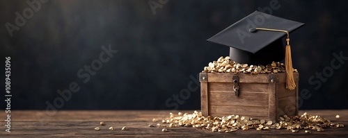 A graduation cap placed atop a wooden treasure chest filled with shimmering gold representing the valuable rewards and opportunities that education can unlock for one s future success and prosperity