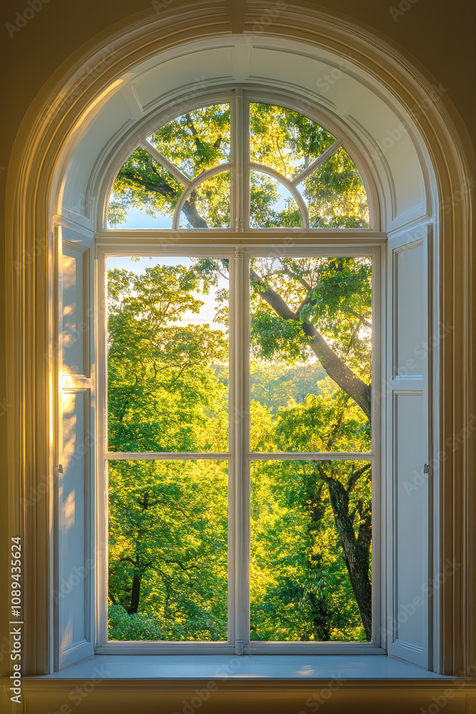 View of Lush Green Trees Through Arched Window at Sunset Illuminating the Room View of Lush Green Trees Through Arched Window at Sunset Illuminating the Room