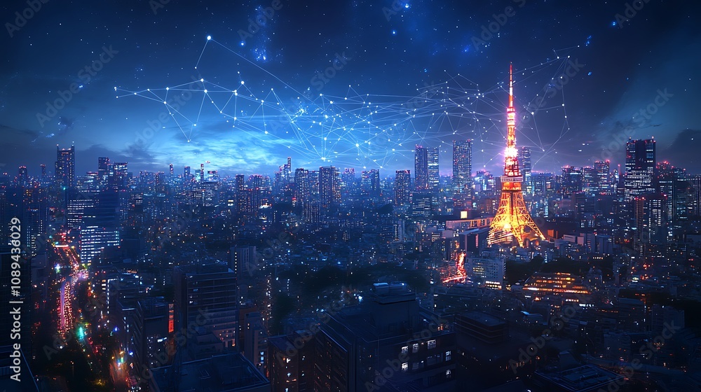 Obraz premium A wide shot of Tokyo at night city lights glowing