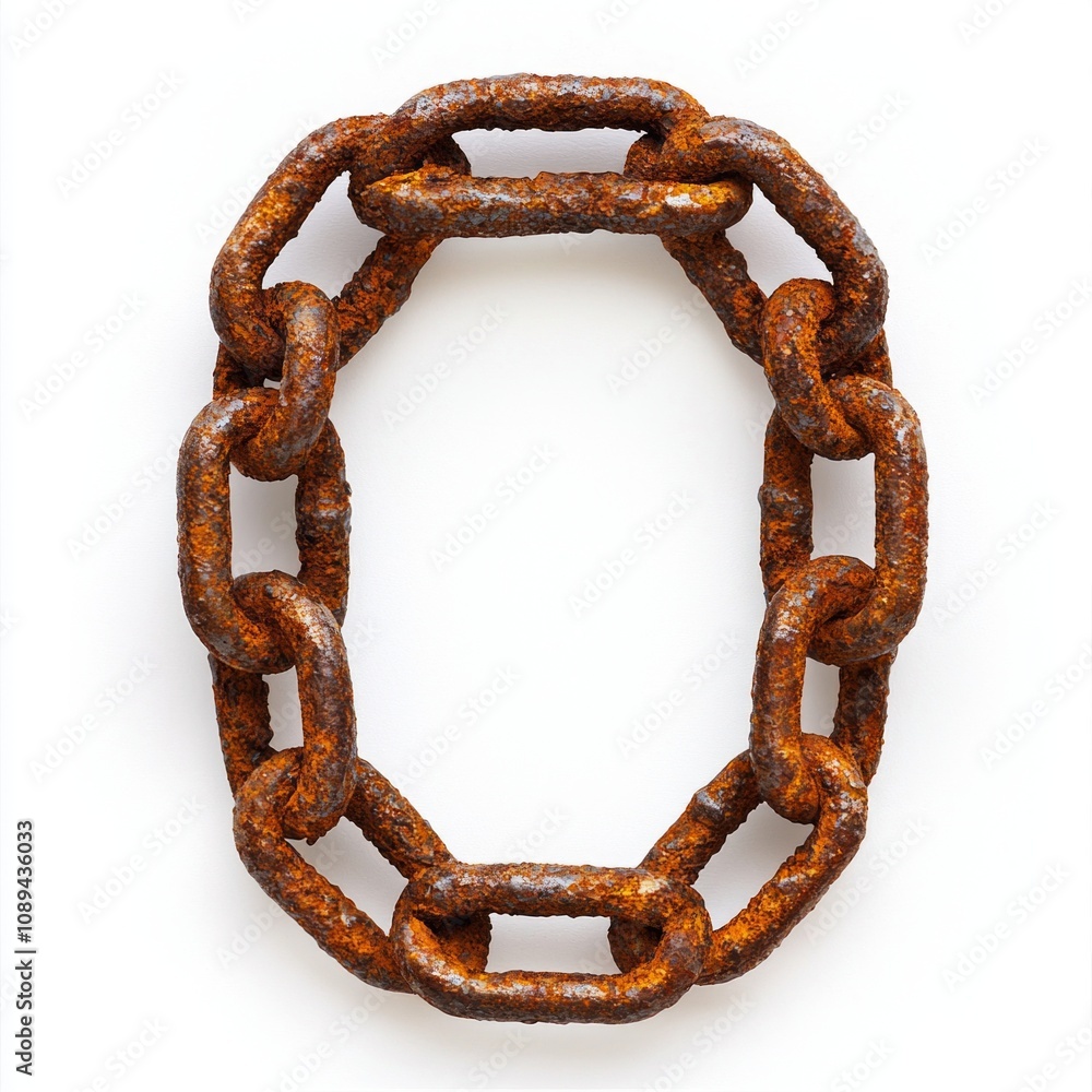 letter O creatively represented chain made rough links set simple white background showcasing texture and form artistic inspiration. letter O creatively represented chain made rough links set simple white background showcasing texture and form artistic inspiration.