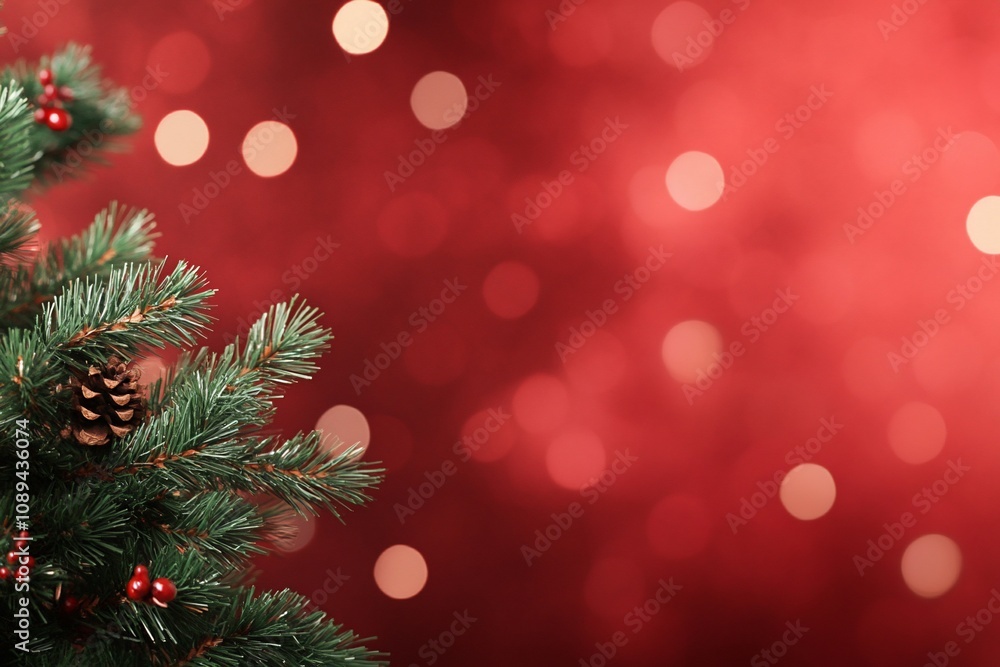 A festive close-up of a Christmas tree with a blurred red background. A festive close-up of a Christmas tree with a blurred red background.