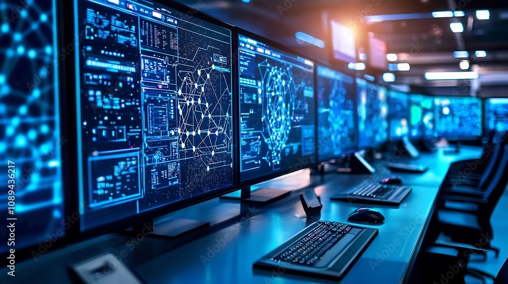 A high tech control room with large holographic screens showcasing a complex network of interconnected nodes and data visualizations in a hierarchical format A high tech control room with large holographic screens showcasing a complex network of interconnected nodes and data visualizations in a hierarchical format
