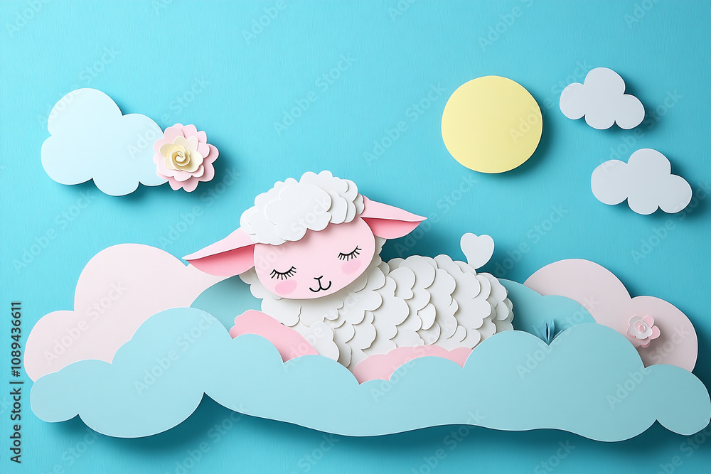 Cute paper cut style flying sheep, count sheep to sleep. Cute paper cut style flying sheep, count sheep to sleep.