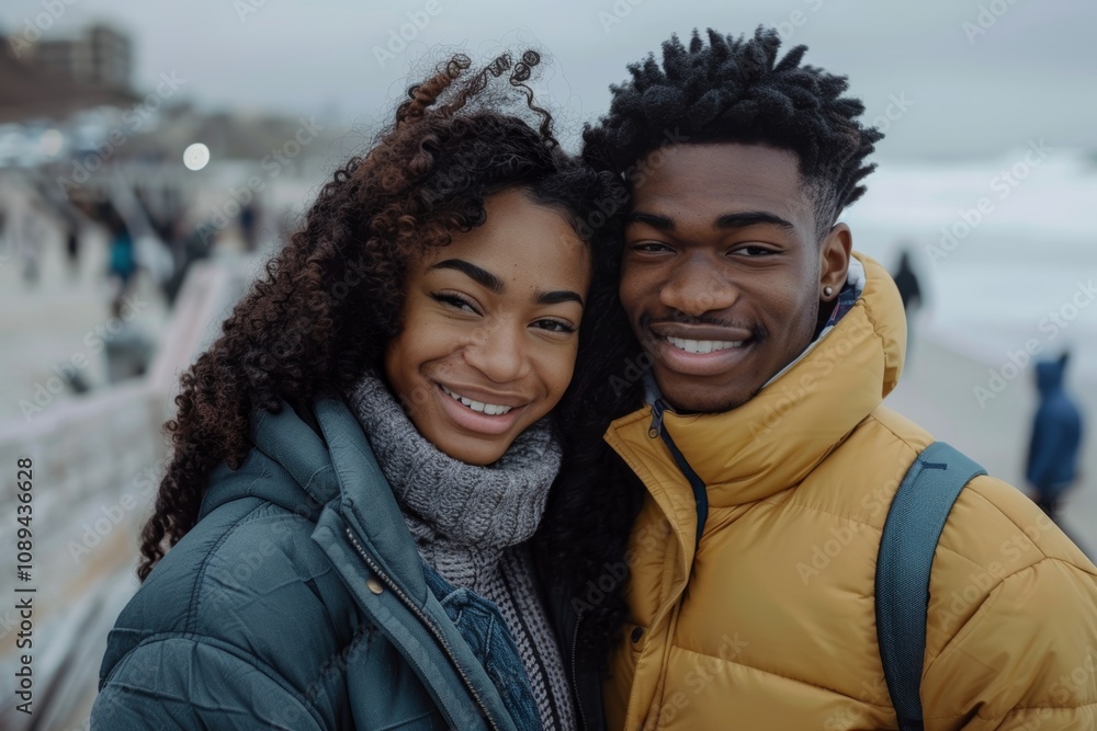 Portrait of a content afro-american couple in their 20s donning a durable down jacket in bustling beach resort background Portrait of a content afro-american couple in their 20s donning a durable down jacket in bustling beach resort background