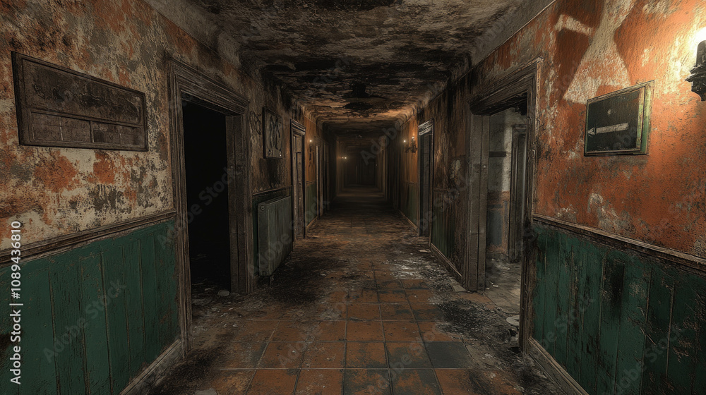 Fototapeta premium Abandoned Asylum Hallway, With Cracked Walls, Flickering Lights, And Shadows Lurking At The Edges, Evoking Feelings Of Dread And Suspense