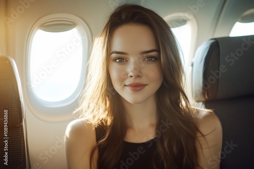 A young woman smiling while seated by an airplane window.