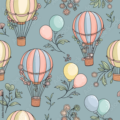 Colorful Hot Air Balloon Pattern with Florals and Balloons