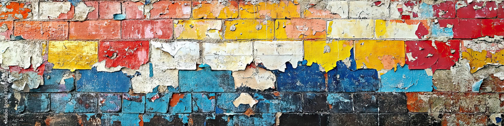 Painted Banner Mosaic: A vivid mural of interlocking banners adorns a crumbling brick wall, wide-angle view. Painted Banner Mosaic: A vivid mural of interlocking banners adorns a crumbling brick wall, wide-angle view.