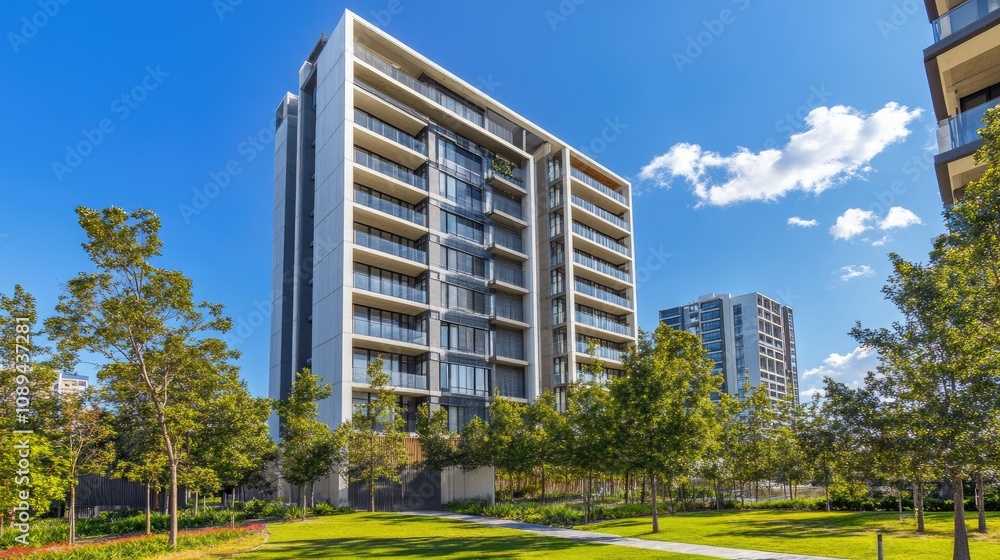 High-rise concrete structure with clean lines and clear blue sky, representing modern urban design and architecture. High-rise concrete structure with clean lines and clear blue sky, representing modern urban design and architecture.