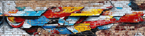 Painted Banner Mosaic: A vivid mural of interlocking banners adorns a crumbling brick wall, wide-angle view.