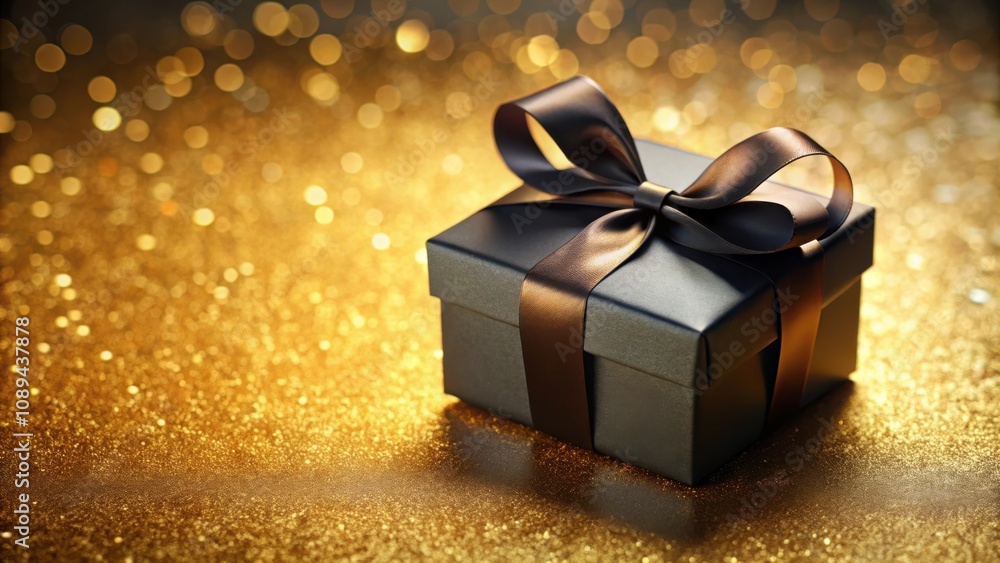 A single elegant black gift box tied with a satin bow, resting on a bed of shimmering gold glitter, capturing a moment of anticipation and celebration. A single elegant black gift box tied with a satin bow, resting on a bed of shimmering gold glitter, capturing a moment of anticipation and celebration.