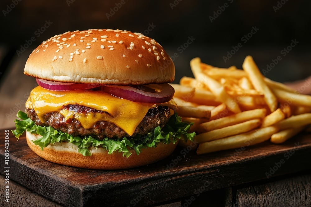 Delicious Hamburger with Fries on Wooden Board Delicious Hamburger with Fries on Wooden Board