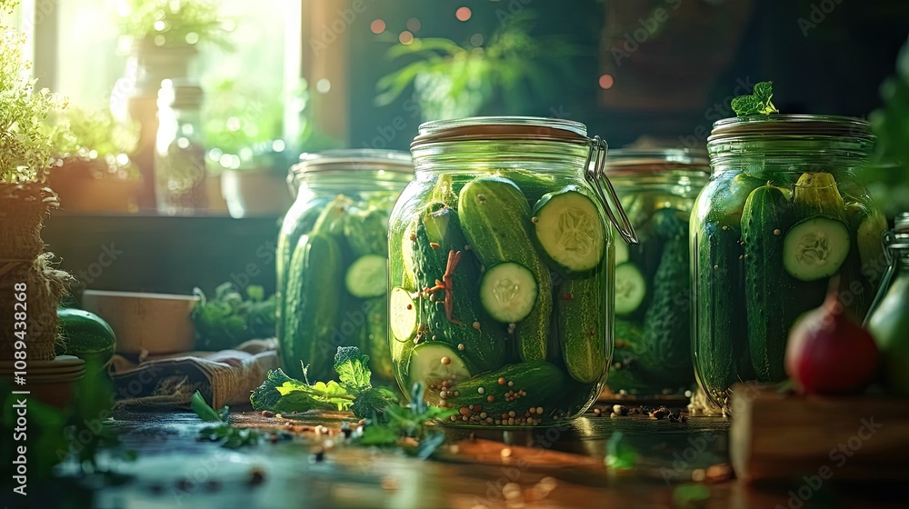 Fototapeta premium Homemade pickles in jars, filled with fresh cucumbers and spices, with a rustic background and bright lighting
