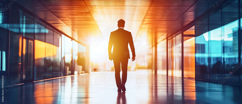 Businessman walking through a tunnel towards bright light signifying success and transformation in professional life Businessman walking through a tunnel towards bright light signifying success and transformation in professional life