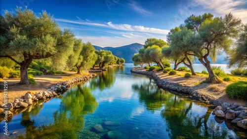 A calm island with olive trees and a gentle stream, symbolizing Ithaca and Odysseus' long-awaited return home