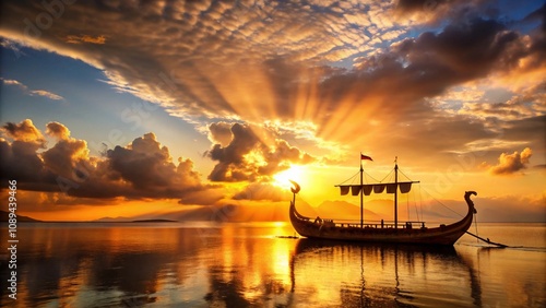 A golden-hued sky at sunrise, with the silhouette of a Greek trireme appearing on the horizon, a beacon of hope photo