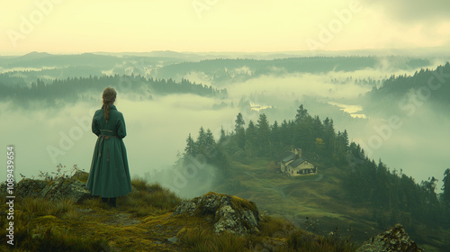 A woman in a green dress stands on a hilltop, gazing at a fog-covered valley and a secluded house surrounded by forest, evoking mystery and nostalgia.