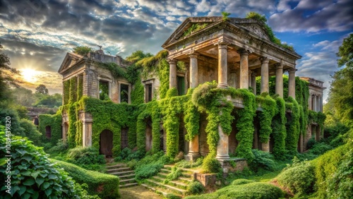 A ruined, ancient palace covered in ivy, representing the abandoned halls of Ithaca during Odysseus' absence