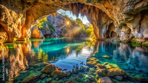 A tranquil grotto with crystal-clear water reflecting the light of the setting sun, representing the cave of the nymph Calypso