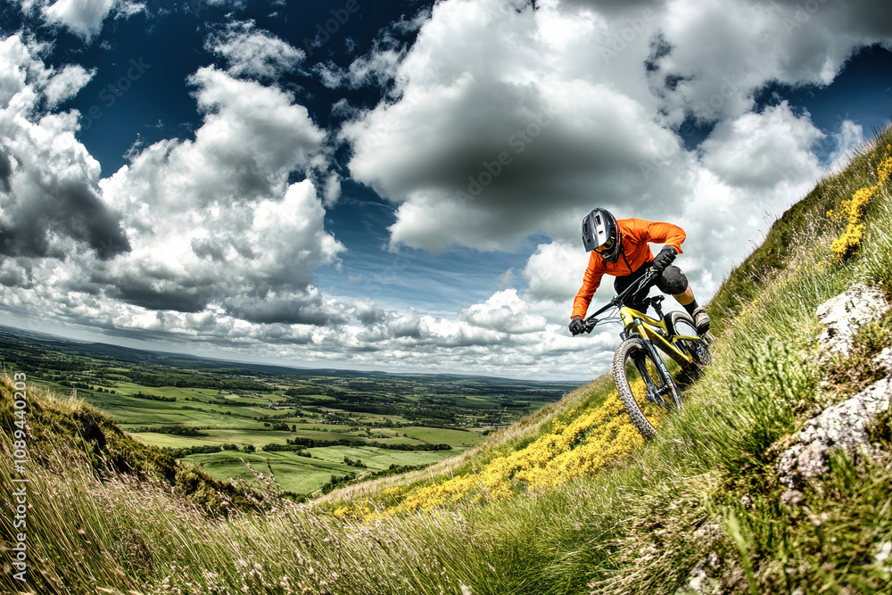 A mountain biker in orange outfit speeds down grassy slopes with vibrant yellow flowers against a backdrop of green and blue mountains under a cloudy sky A mountain biker in orange outfit speeds down grassy slopes with vibrant yellow flowers against a backdrop of green and blue mountains under a cloudy sky