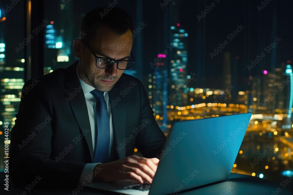 Confident Executive Reviewing Market Trends and Investment Strategies Confident Executive Reviewing Market Trends and Investment Strategies
