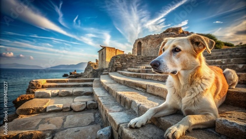 The faithful dog Argos lying on the steps of Odysseus' palace, eyes watching the distant sea, waiting for his master’s return