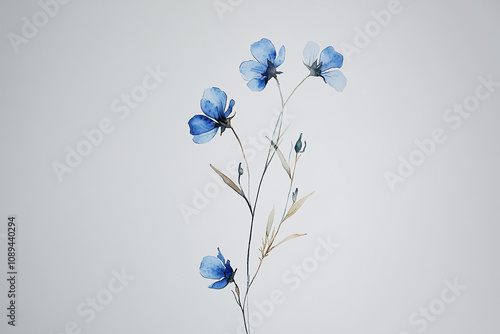 Watercolor, simple line drawing, clipart of small blue wildflowers in the shape of an elegant long stem with tiny flowers, soft watercolor isolated on a white background.