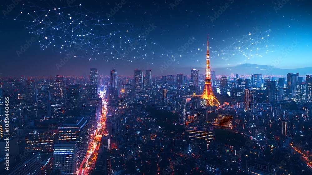 Obraz premium A wide shot of Tokyo at night city lights glowing