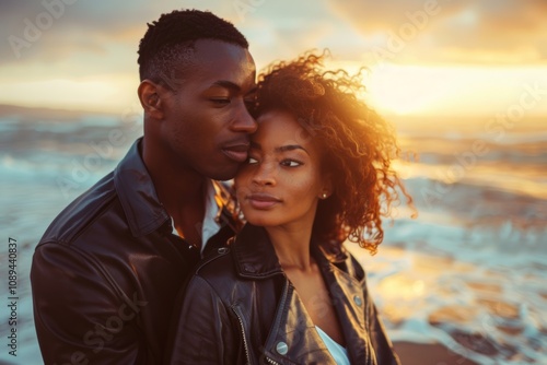 Portrait of a tender multiethnic couple in their 40s sporting a stylish leather blazer while standing against stunning sunset beach background