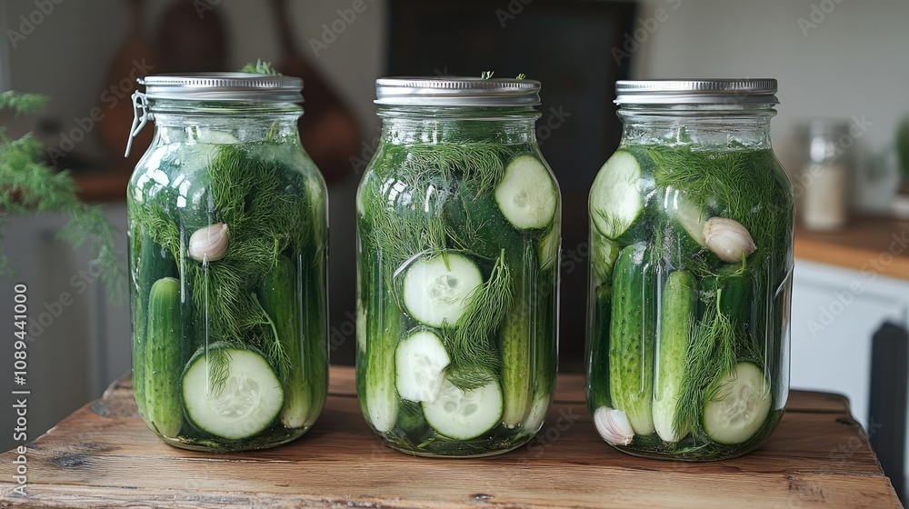 Large, transparent jars of cucumbers, fully packed with fresh dill and garlic, placed on a vintage wooden table Large, transparent jars of cucumbers, fully packed with fresh dill and garlic, placed on a vintage wooden table