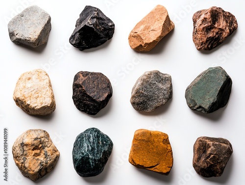 Assorted natural stones on white background.
