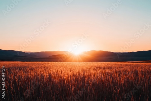 beautiful sunset over a golden field with mountains in the background