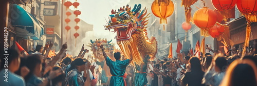 Colorful parade with performers in vibrant costumes dancing down busy street, with large dragon puppets being carried overhead during Chinese New Year celebrations. Horizontal banner with copy space photo