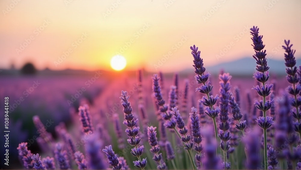 Sunset over lavender fields, purple flowers, horizon, serene nature, tranquil landscape, vibrant colors. Generative, AI, Sunset over lavender fields, purple flowers, horizon, serene nature, tranquil landscape, vibrant colors. Generative, AI,