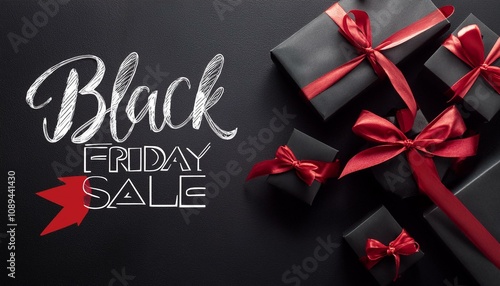 Top view of black christmas gift boxes with red ribbon on black background with text Bkack Friday Sale composition photo