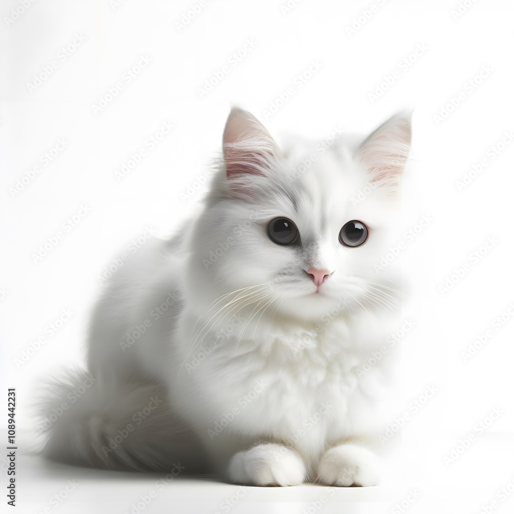 Fluffy white cat with soft fur and bright eyes lying down on a white background Fluffy white cat with soft fur and bright eyes lying down on a white background