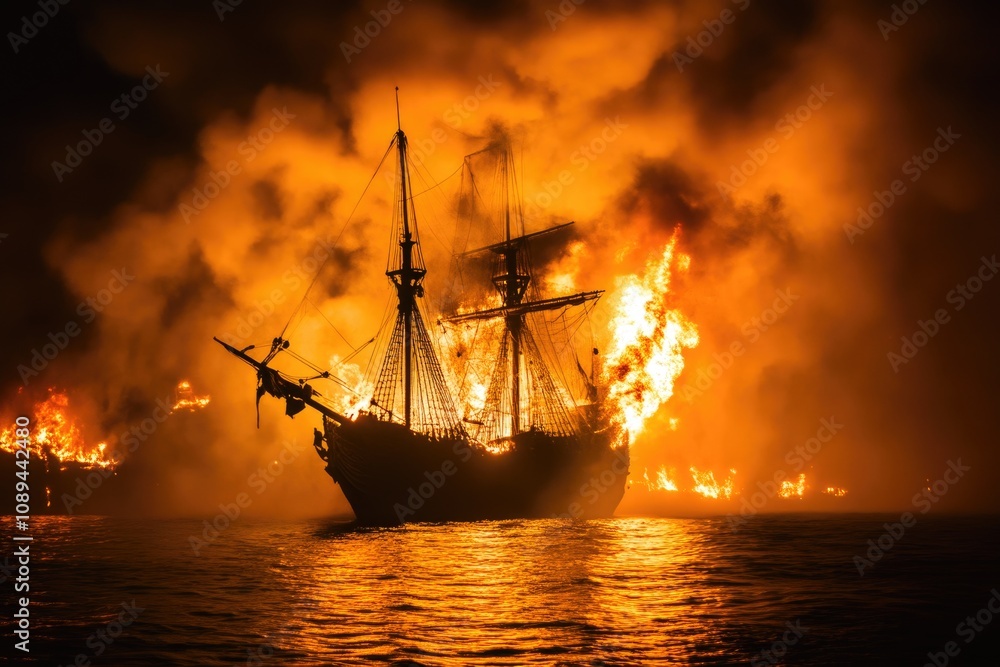Burning Horizon: Pirate Ship Amidst Battle Smoke Burning Horizon: Pirate Ship Amidst Battle Smoke