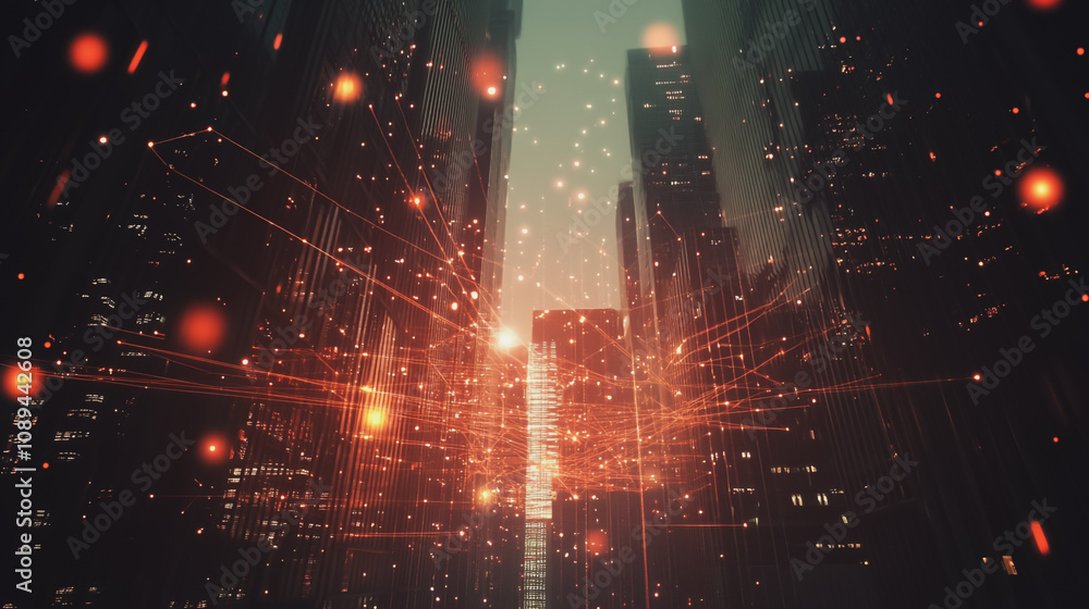 Obraz premium Smart digital Innovation Business skyscrapers in the Financial District with connection network reciprocity over the cityscape. of future smart wireless digital city and social media networking